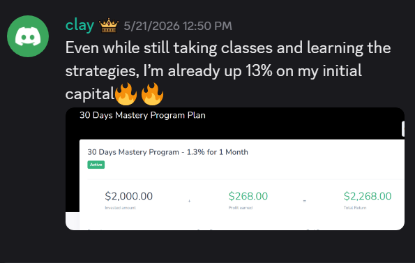 Community member Clay sharing 13% profit on initial capital while in the Mastery Program
