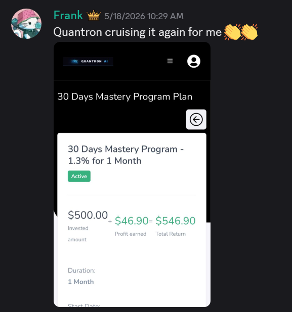 Community member Frank sharing portfolio returns with Quantron AI