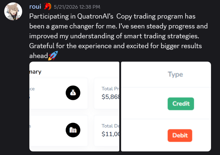 Community member roui sharing their copy trading program experience with $5,868 total profit
